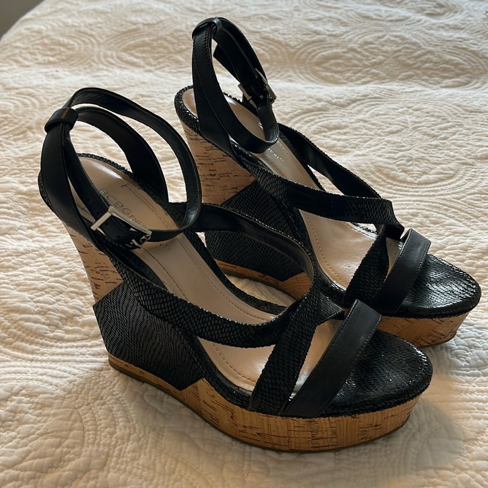 BCBG Black and Cork Wedges
